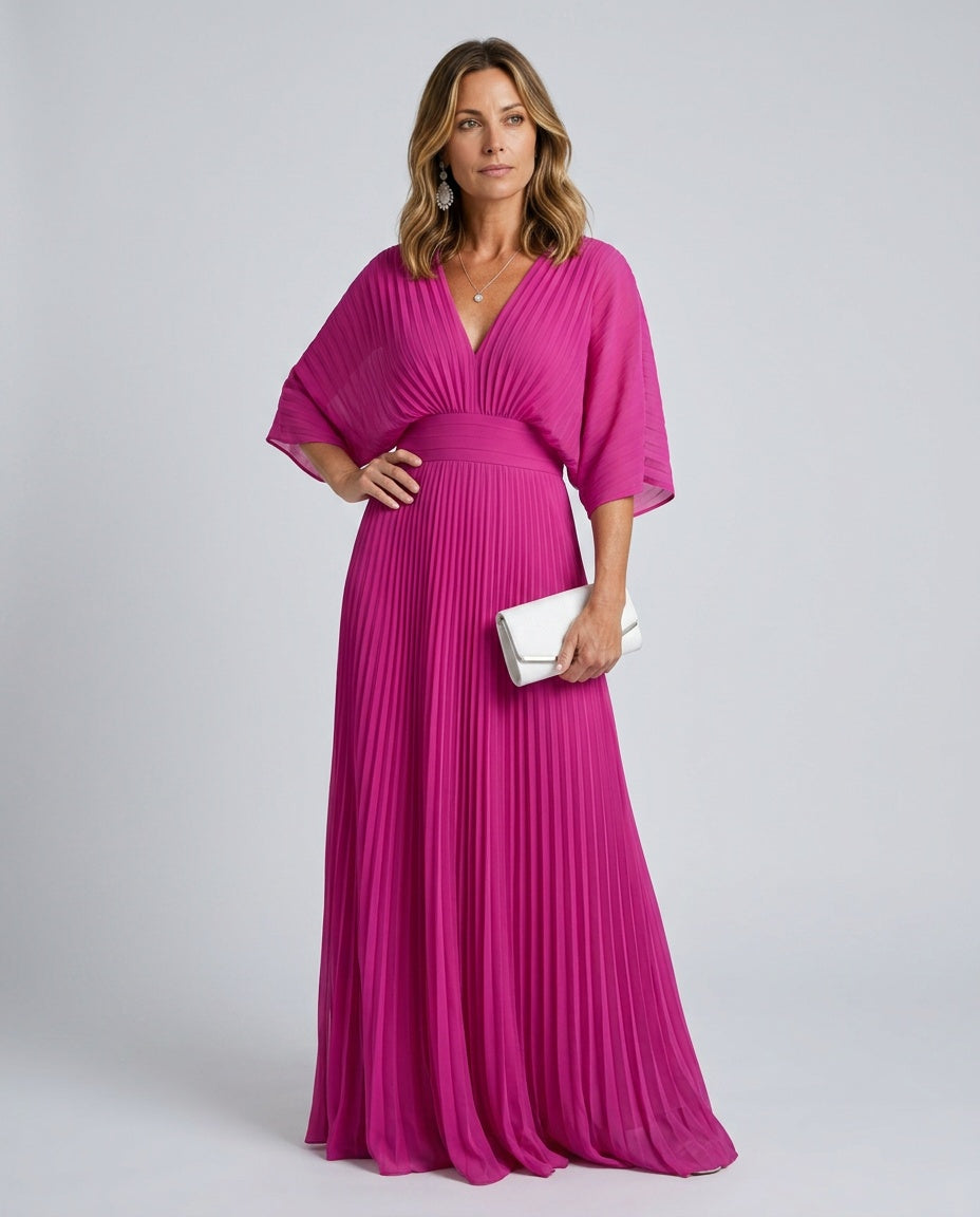 Juliette | V-Neck Short Sleeve Pleated Maxi Dress