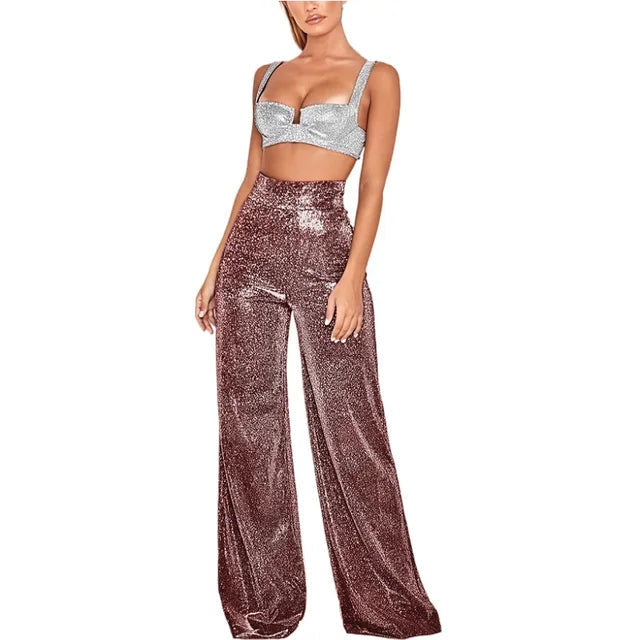 Aubrey | High Waist Glitter Wide Leg Trousers
