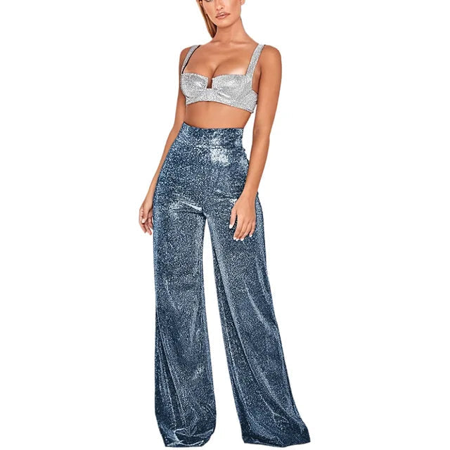 Aubrey | High Waist Glitter Wide Leg Trousers