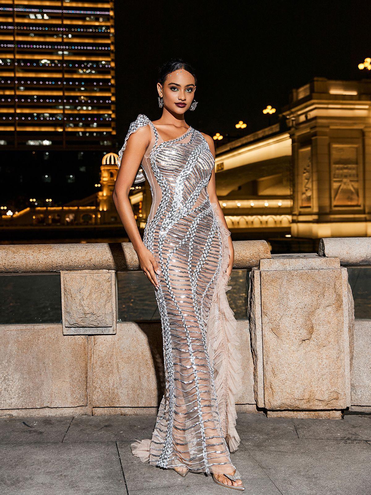 Lyda | Draped Cutout Sequin Mesh Midi Dress