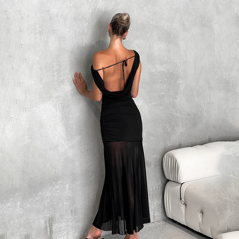 Lylah | Asymmetric Neckline Mesh Maxi Dress