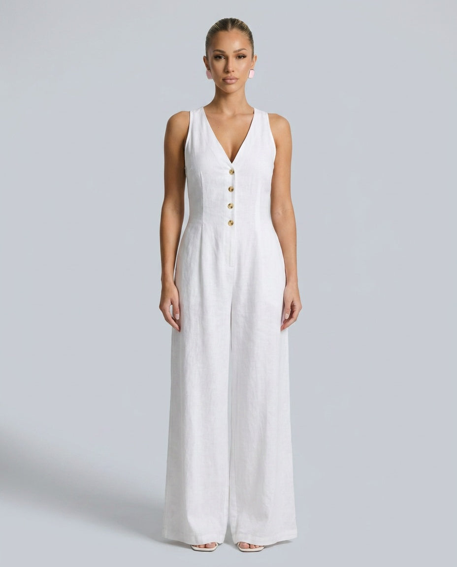 Emilia | Sleeveless Button Front Wide Leg Jumpsuit
