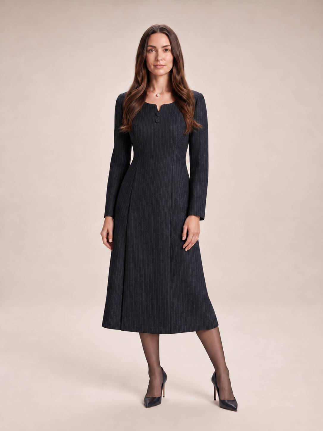 Greta | Pinstripe Beaded Lapel Blazer & Midi Dress Set
