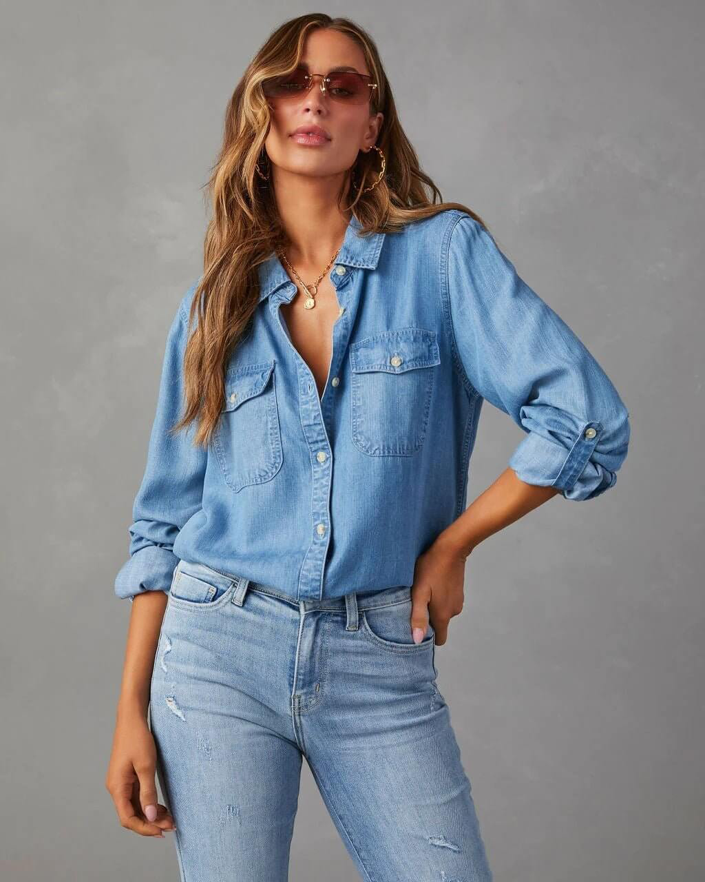 Emilia | Long Sleeve Button-Up Denim Shirt