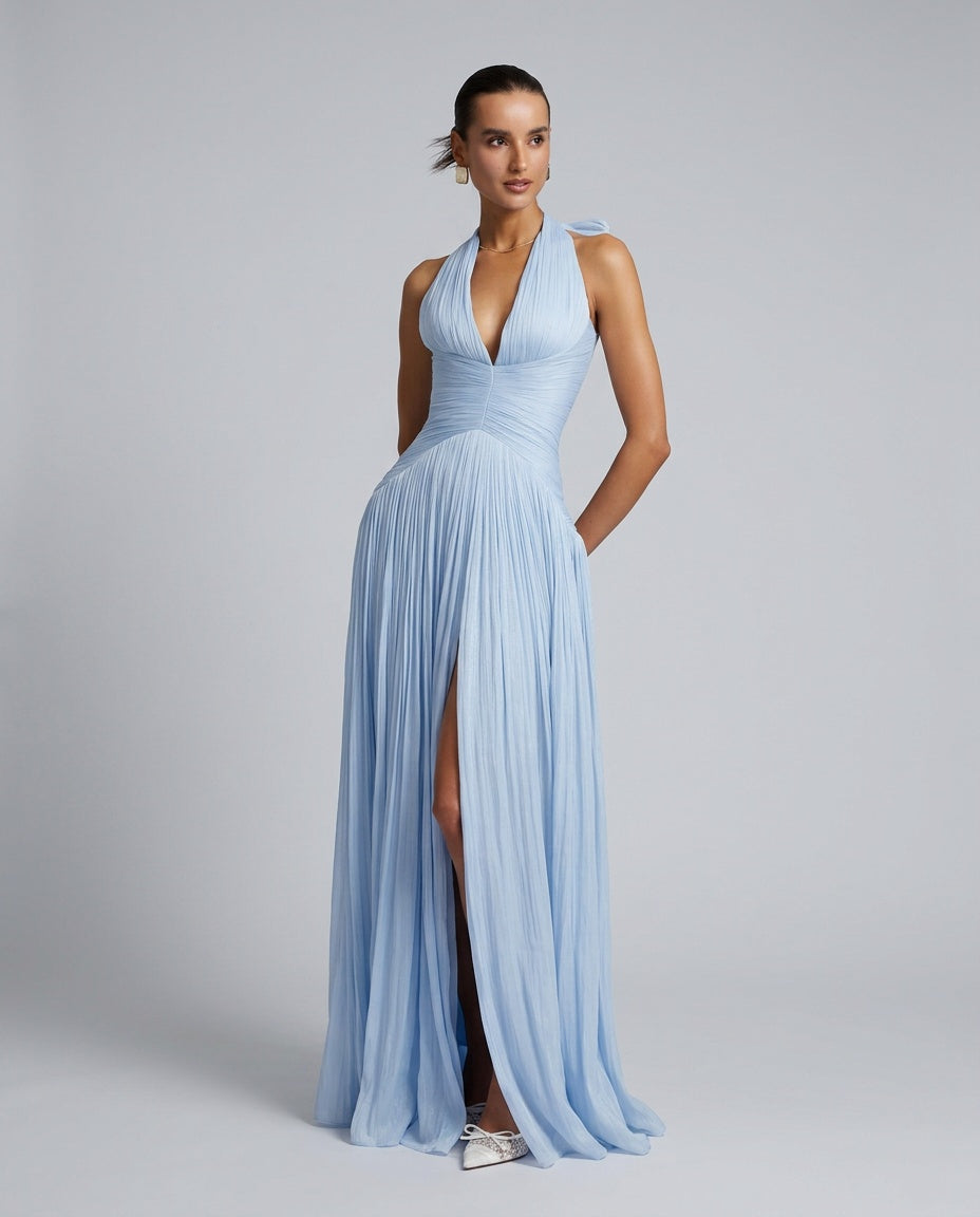 Terebenthine | Gathered Plunge-Neck Maxi Dress with Train