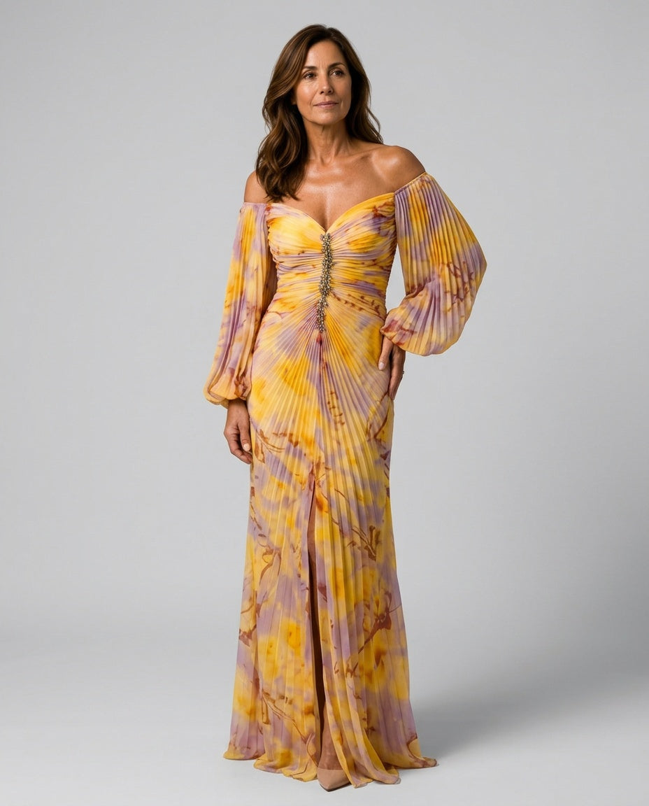 Women's Off-Shoulder Pleated Floral Maxi Dress
