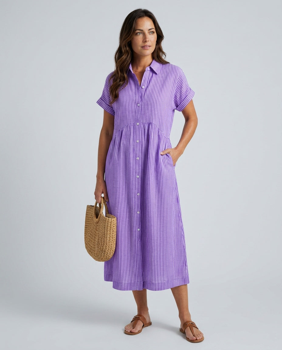 Saffron | Striped Button-Front Short Sleeve Midi Dress