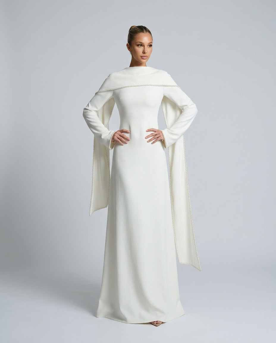 Maeve | Pearl Trim Shawl Detail Maxi Dress