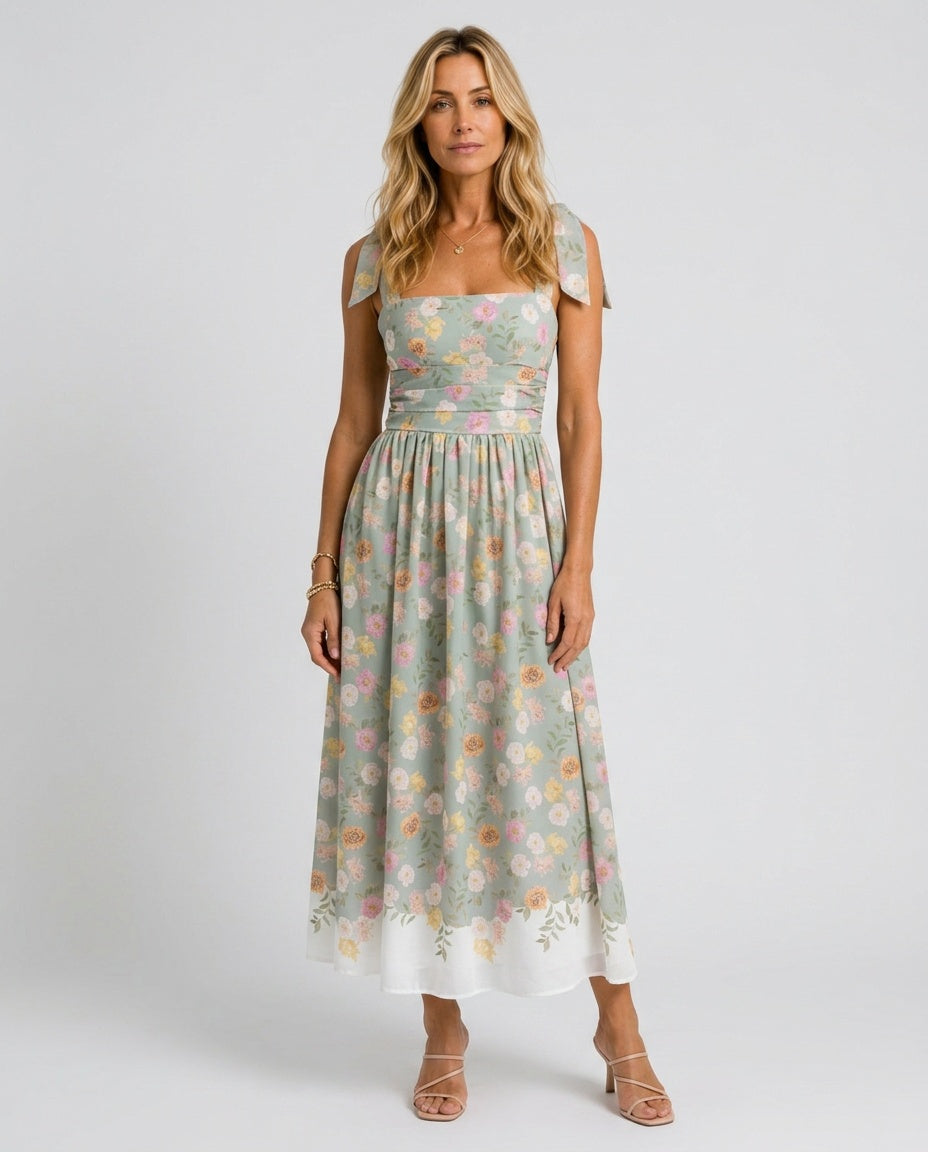 Adeline | Floral Tie Strap Square Neck Maxi Dress