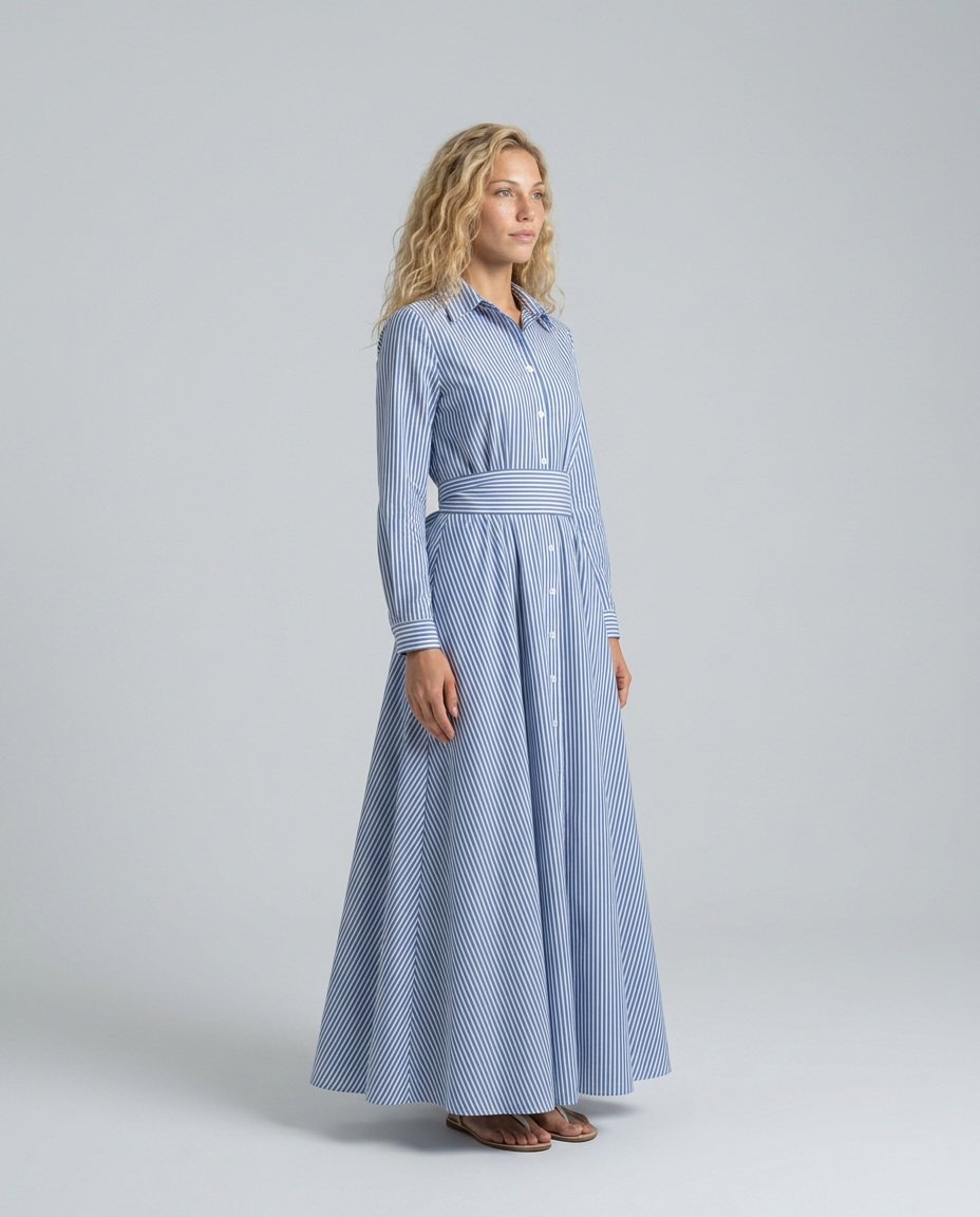 Edith | Cinched Waist Striped Shirt Maxi Dress