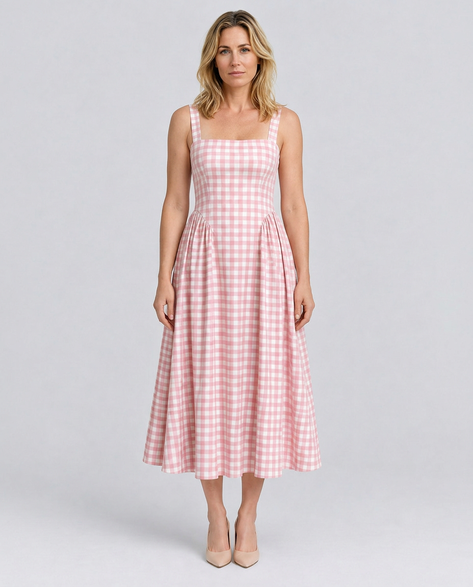 Verity | Sculpted Waist Full Skirt Gingham Midi Dress