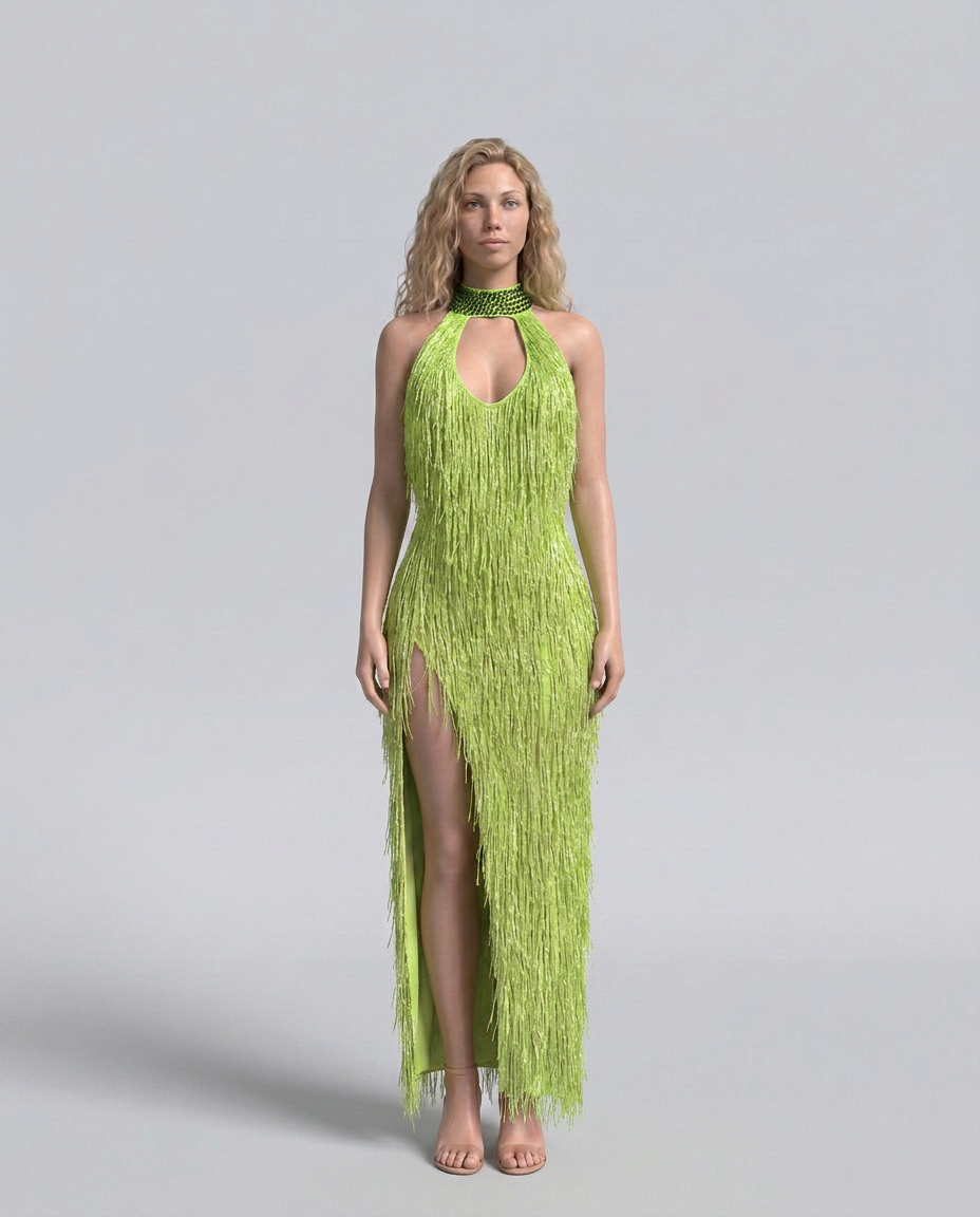 Celeste | Shimmer Fringe Halter Neck Maxi Dress