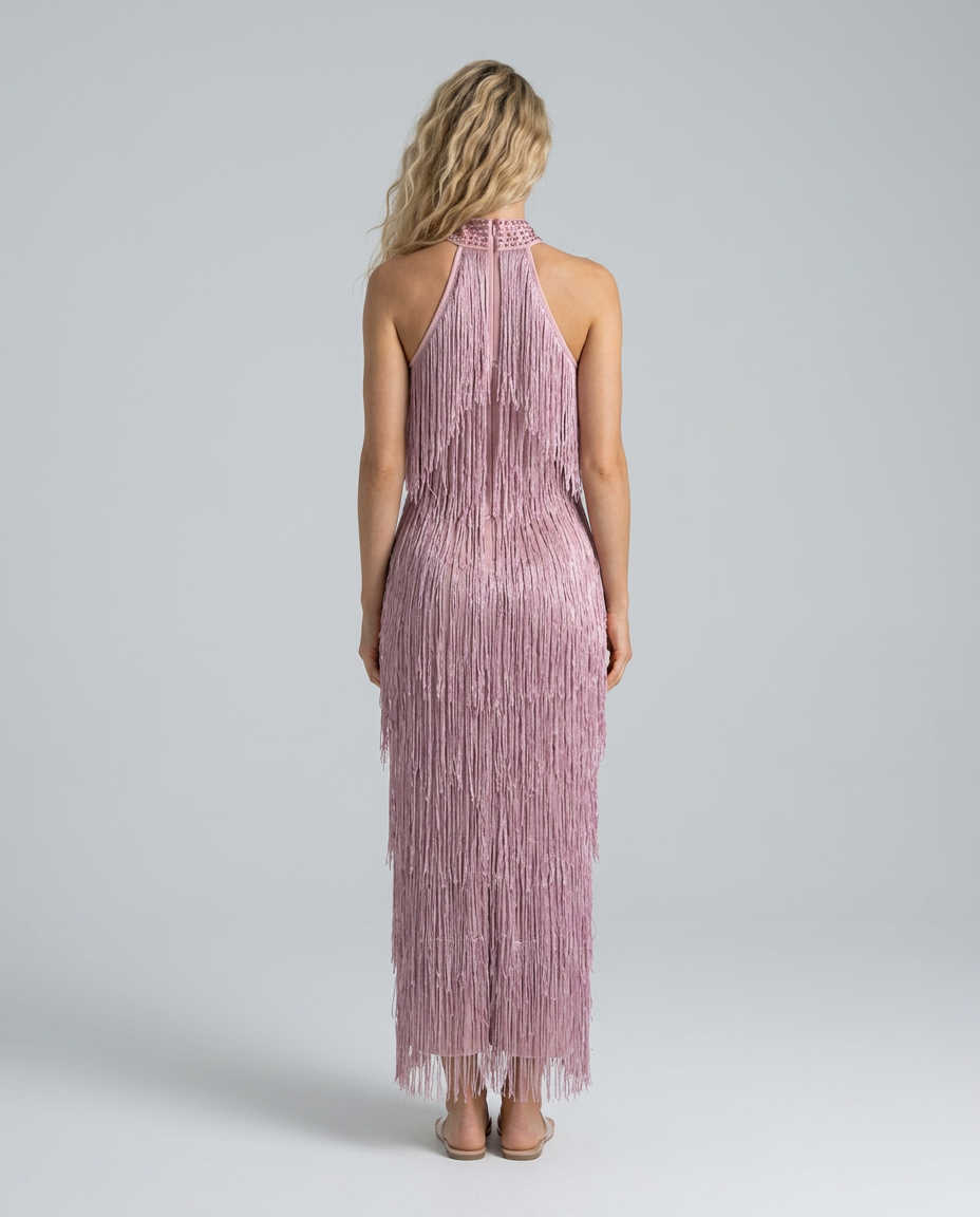 Celeste | Shimmer Fringe Halter Neck Maxi Dress