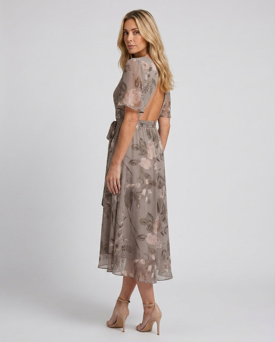 Hazel | Flutter Sleeve Gathered Waist Floral Midi Dress