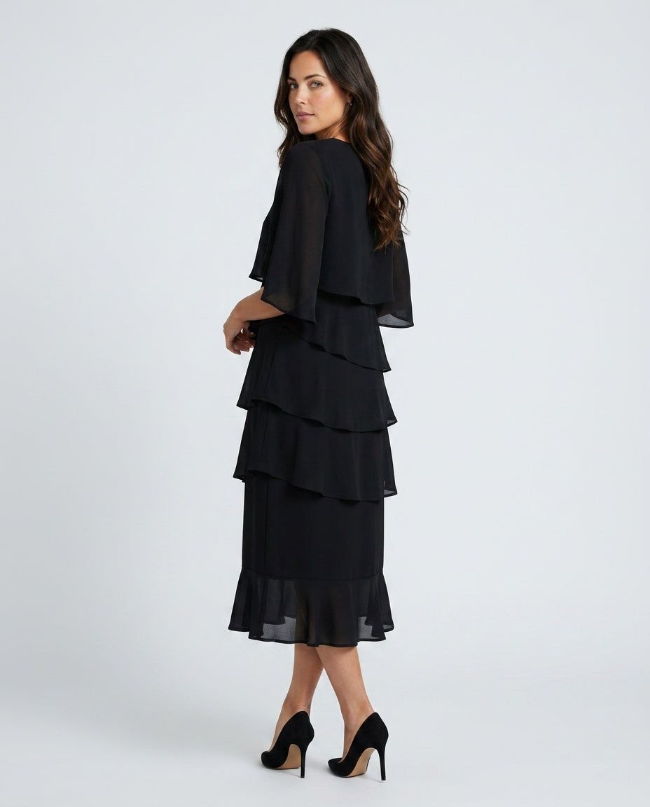 Ines | Layered Cape Sleeve Midi Dress