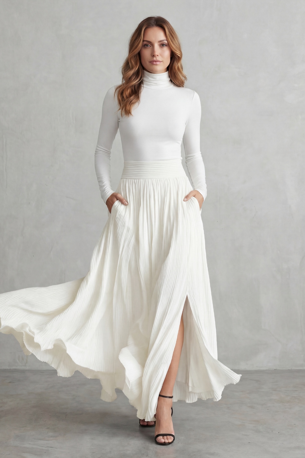 Neravelle | Pleated Maxi Two-Piece Turtleneck Set
