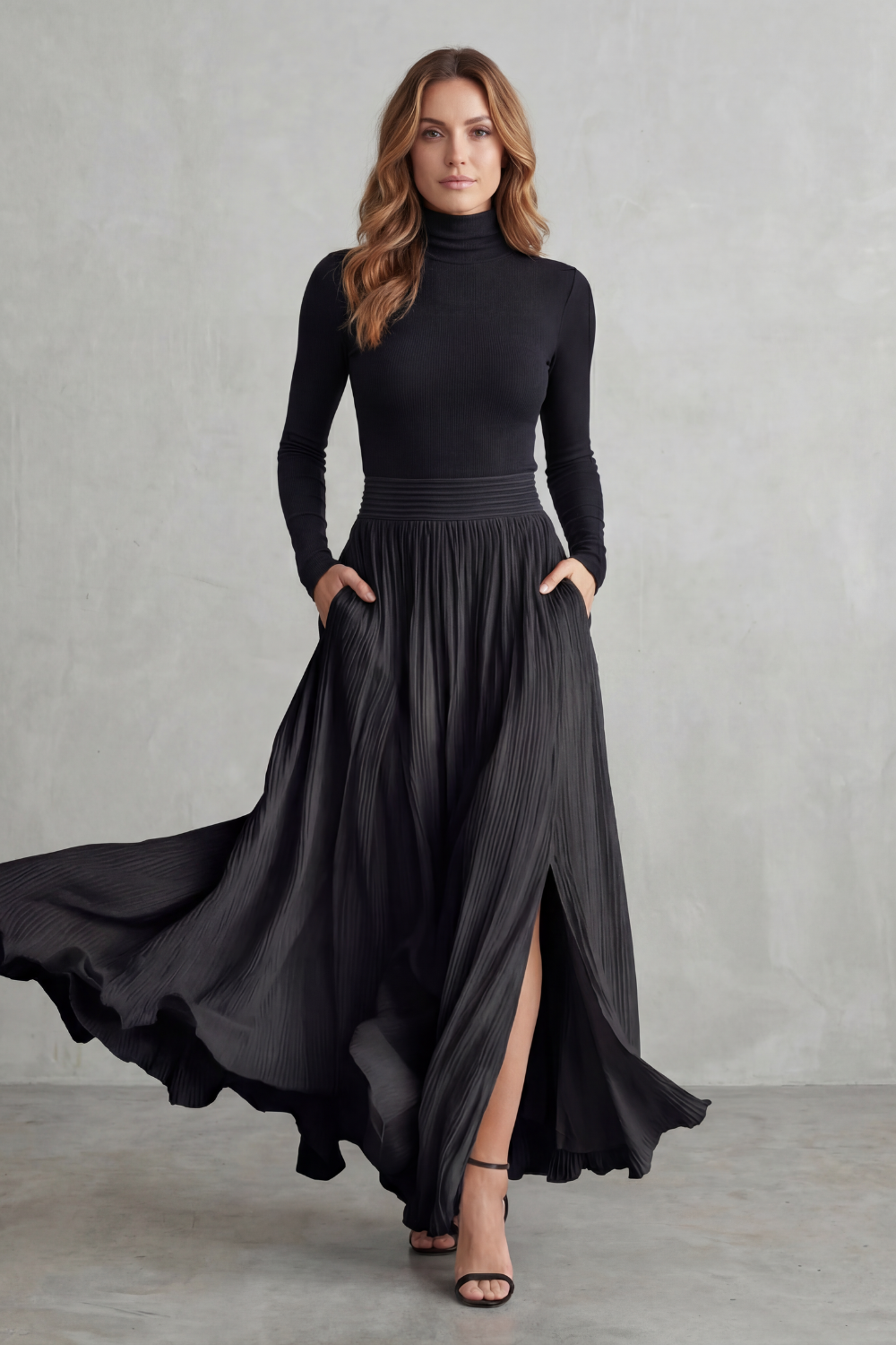 Neravelle | Pleated Maxi Two-Piece Turtleneck Set