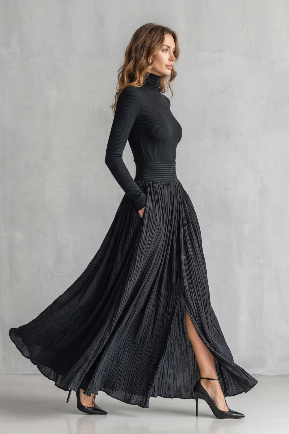 Neravelle | Pleated Maxi Two-Piece Turtleneck Set