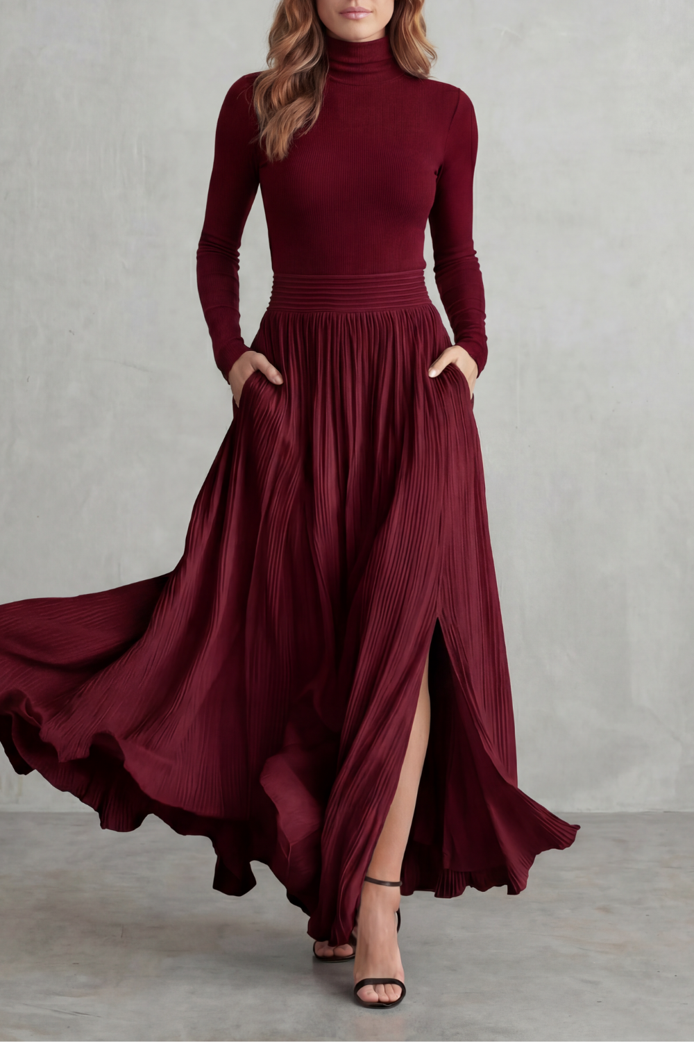 Neravelle | Pleated Maxi Two-Piece Turtleneck Set