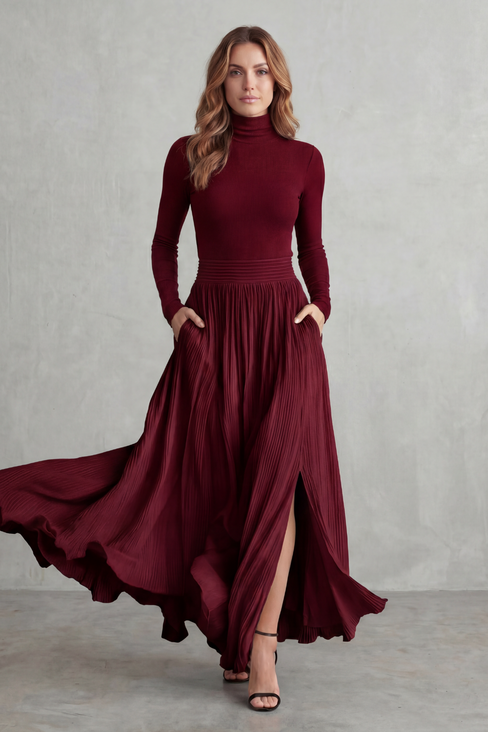 Neravelle | Pleated Maxi Two-Piece Turtleneck Set