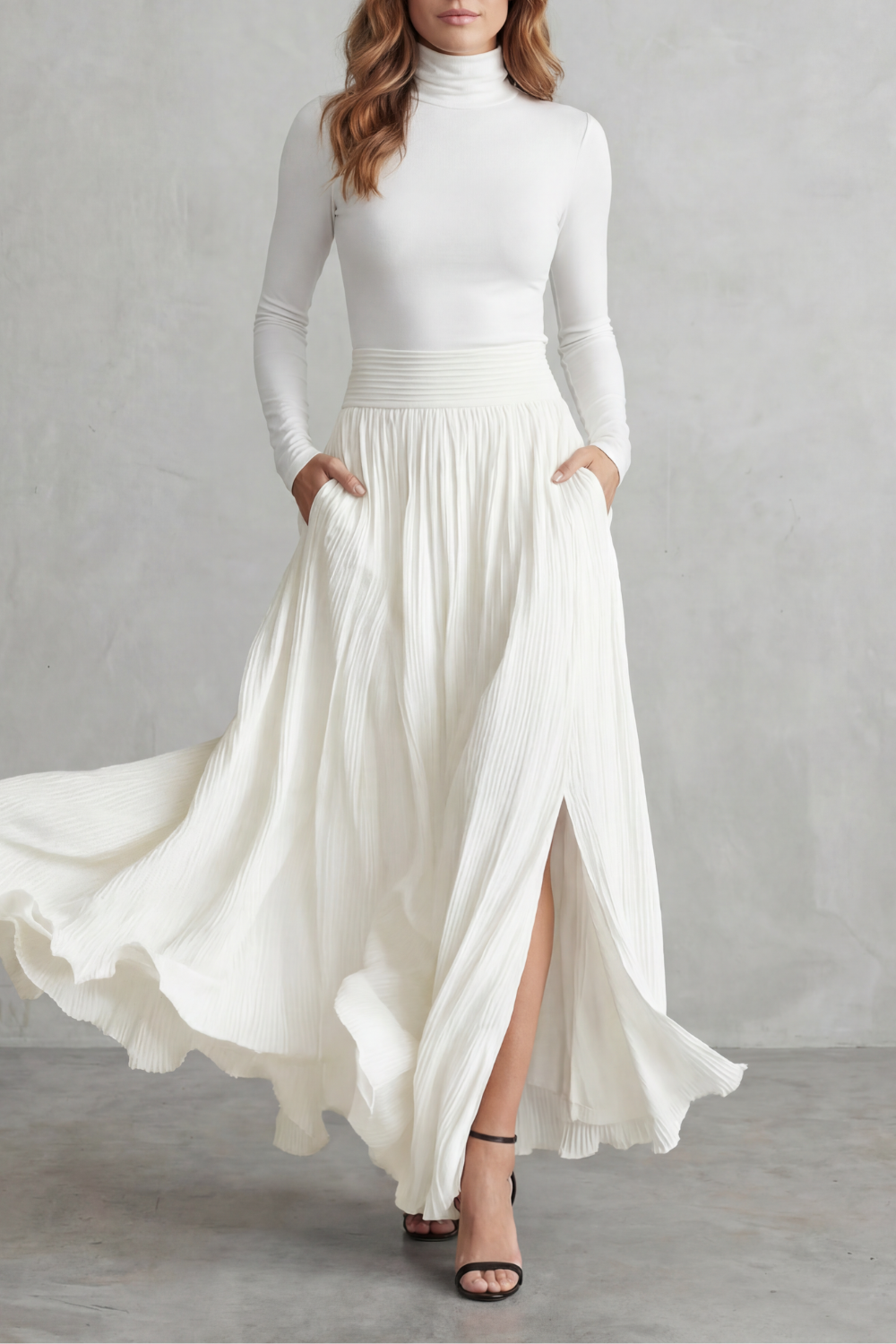 Neravelle | Pleated Maxi Two-Piece Turtleneck Set