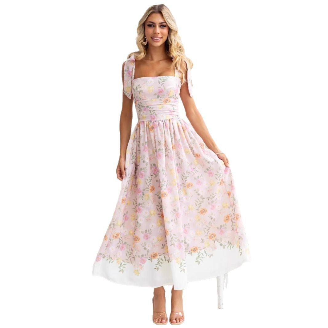 Adeline | Floral Tie Strap Square Neck Maxi Dress