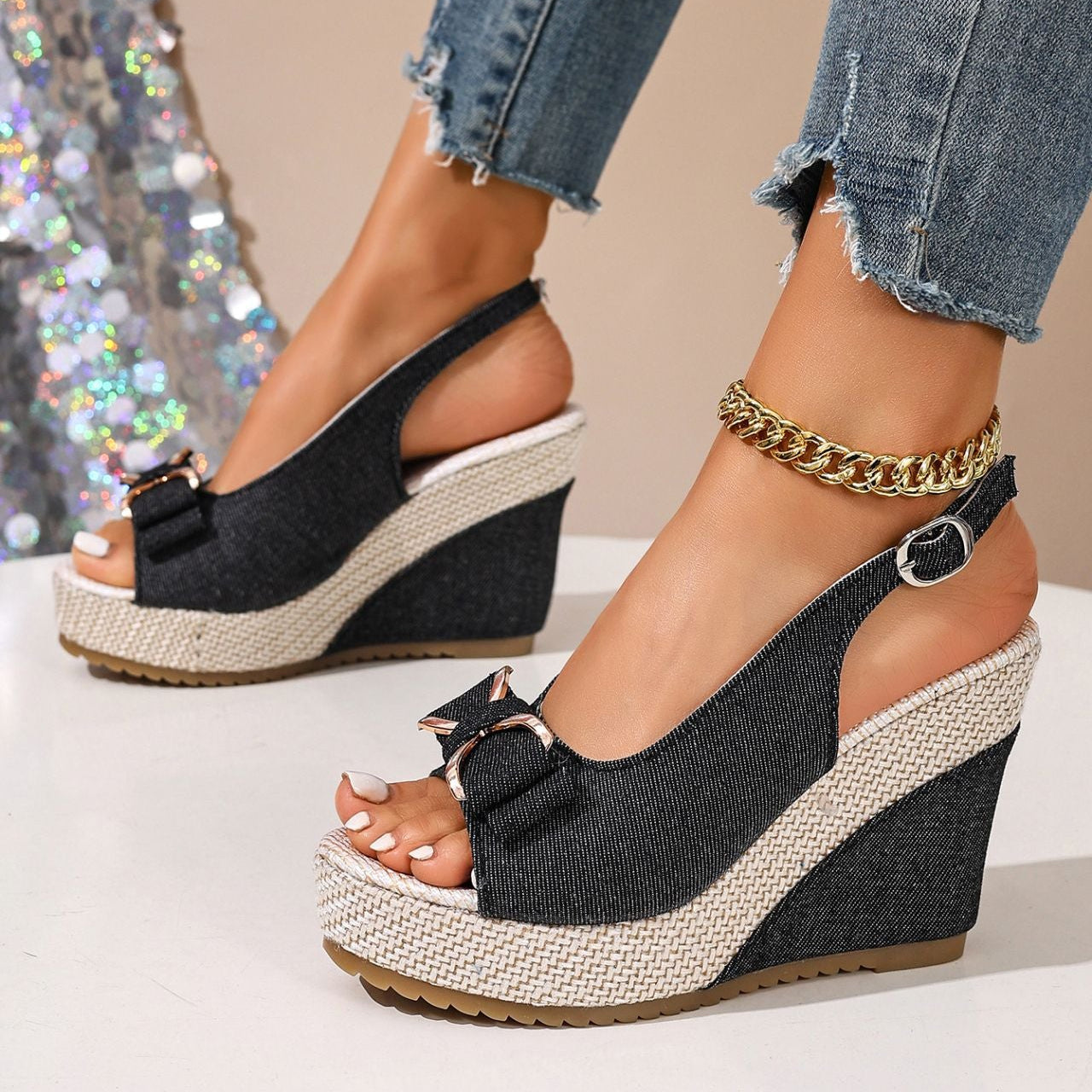 Ada | Denim Bow Wedge Shoes