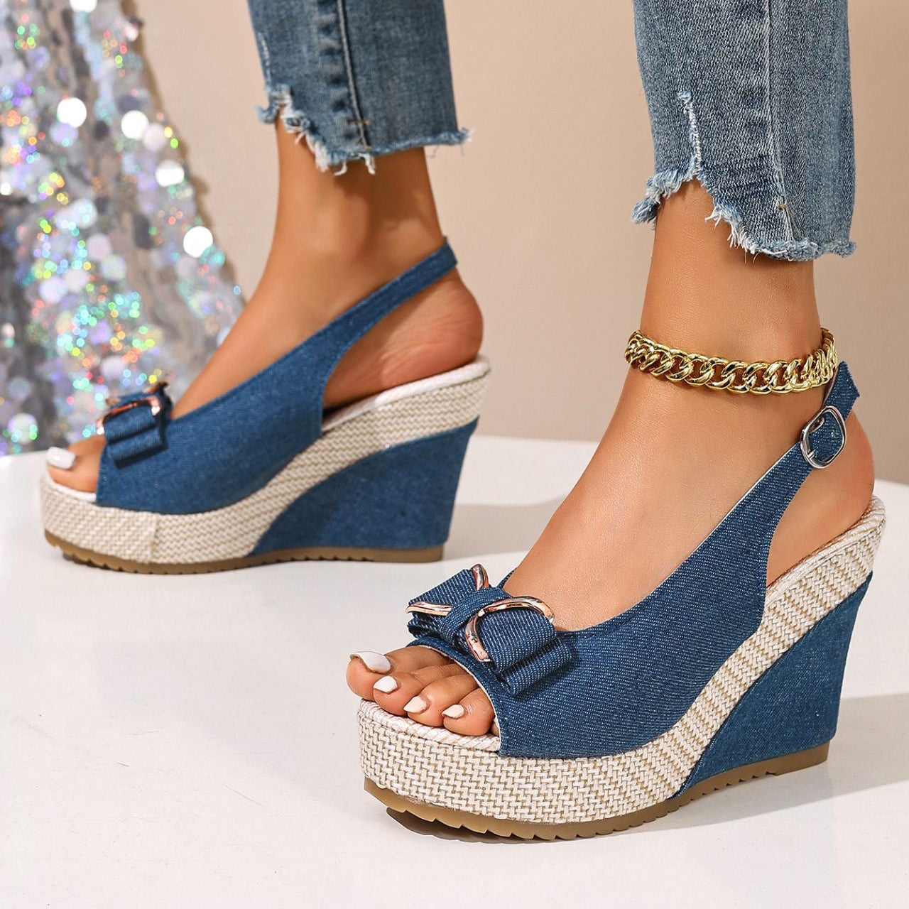Ada | Denim Bow Wedge Shoes
