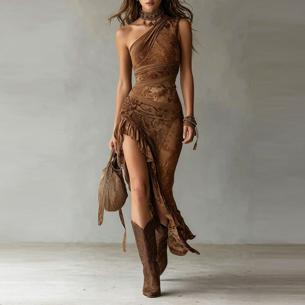 Marley | One-Shoulder Ruffled Slit Maxi Dress