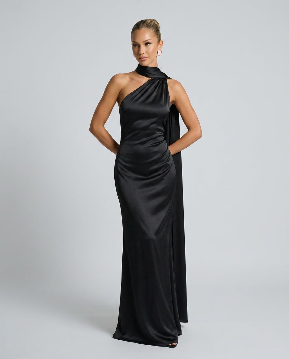 Savannah | One-Shoulder Scarf Detail Satin-Look Maxi Dress
