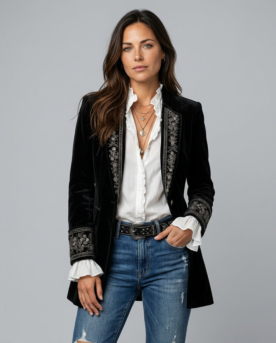 Kira | Embroidered Longline Jacket with Layered Cuffs