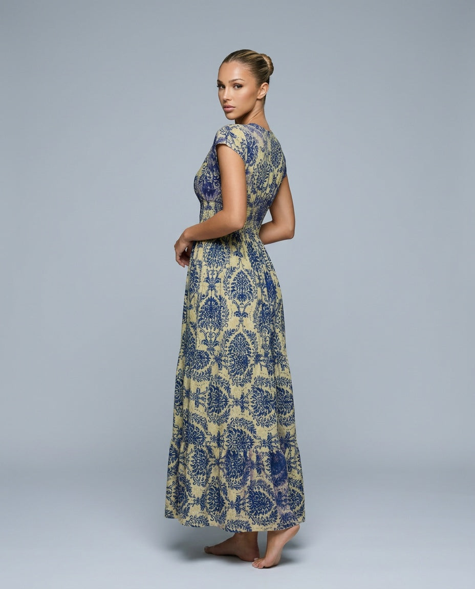 Seraphina | Cap Sleeve V-Neck Bohemian Maxi Dress