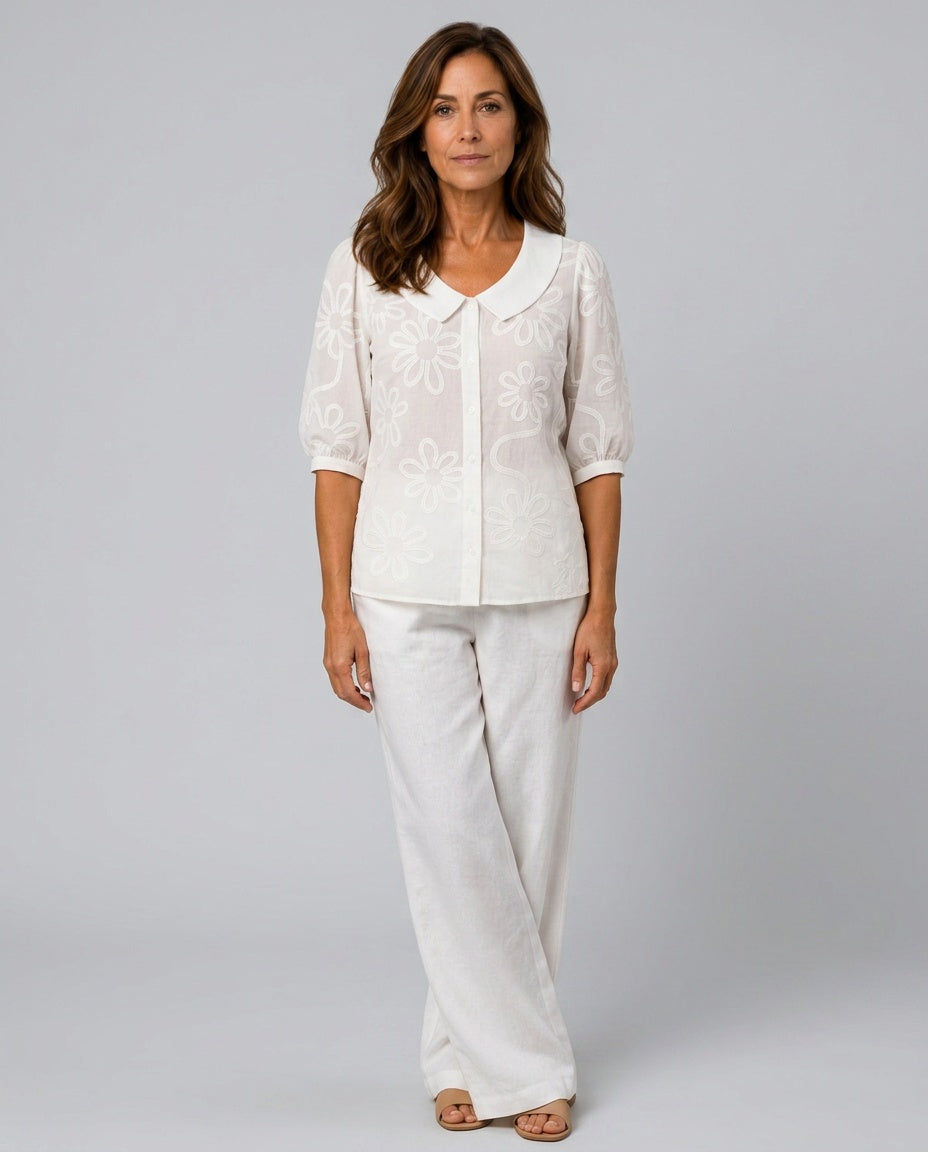 Vera | Floral Embroidered Round Collar Blouse