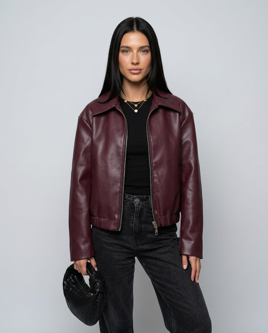 Alejandra | Vintage Wine Red Leather-Look Biker Jacket