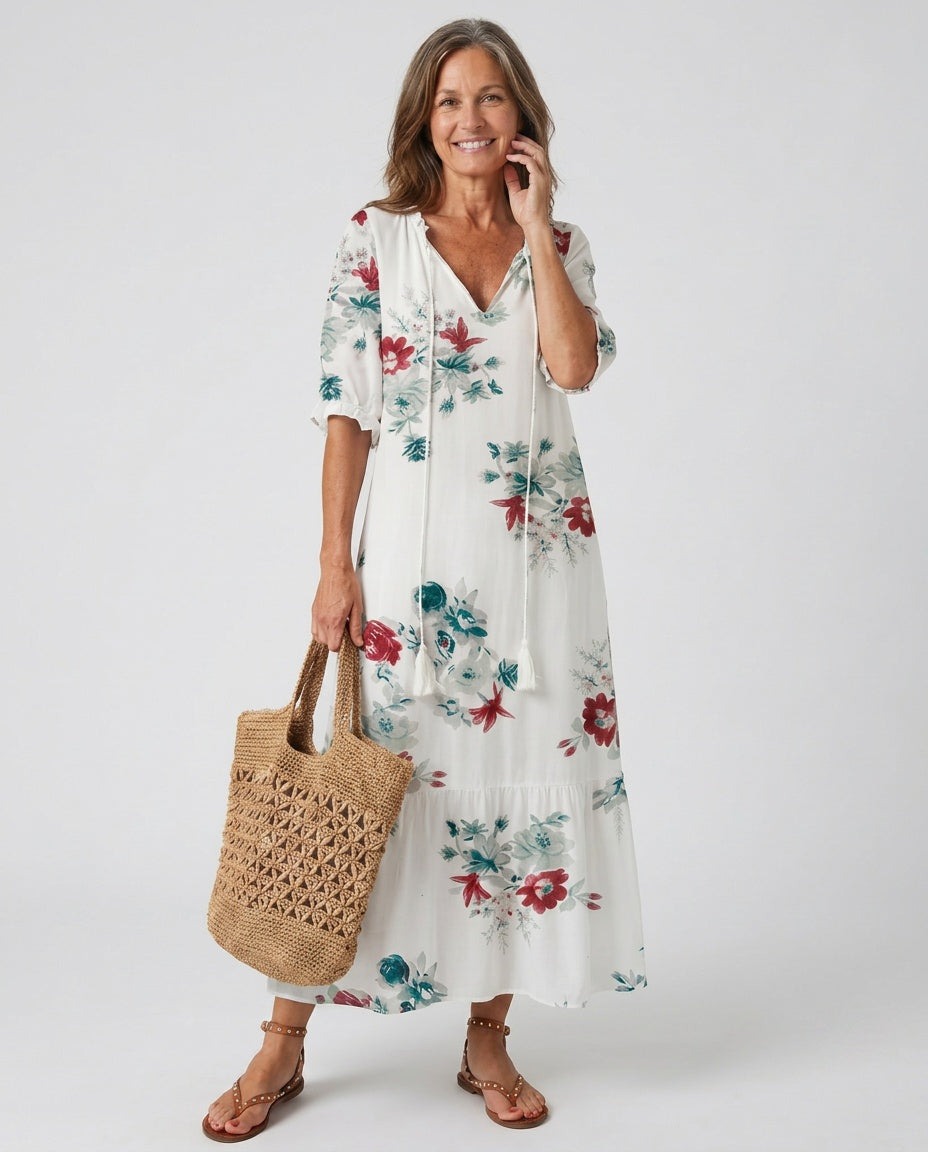 Luma | Floral V-Neck Short Sleeve Midi Dress