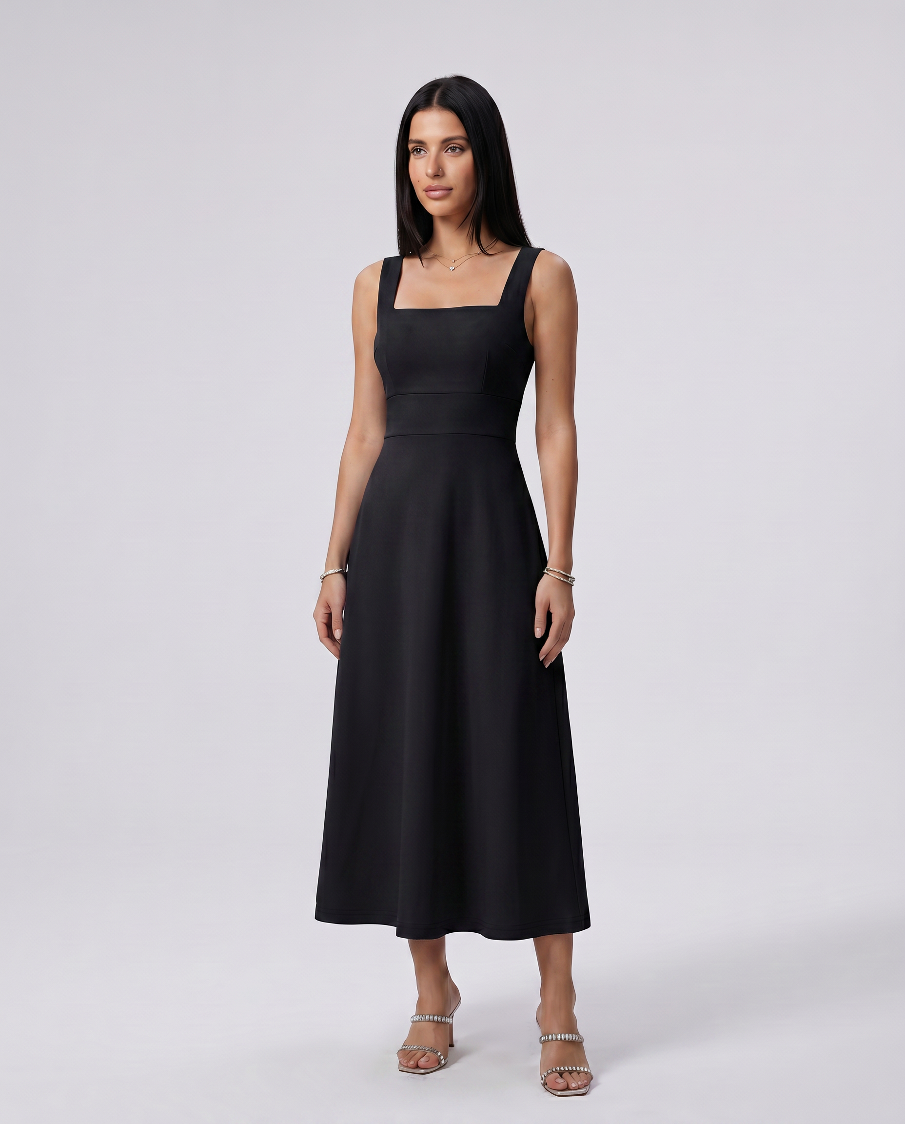 Katina | Midi Dress with Square Neck and A-Line Skirt