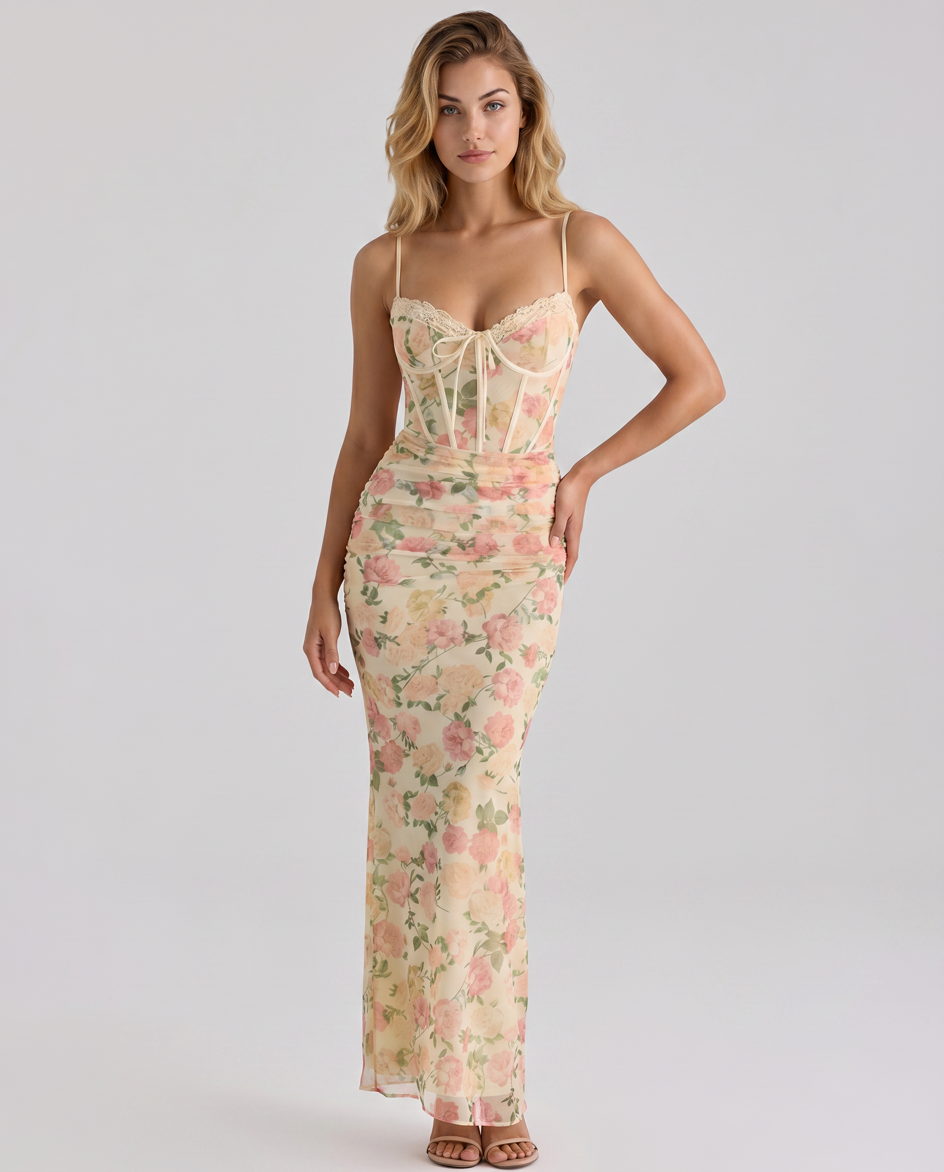 kayla maxi dress Women's Floral Mesh Maxi Dress Fitted Sleeveless Kayla