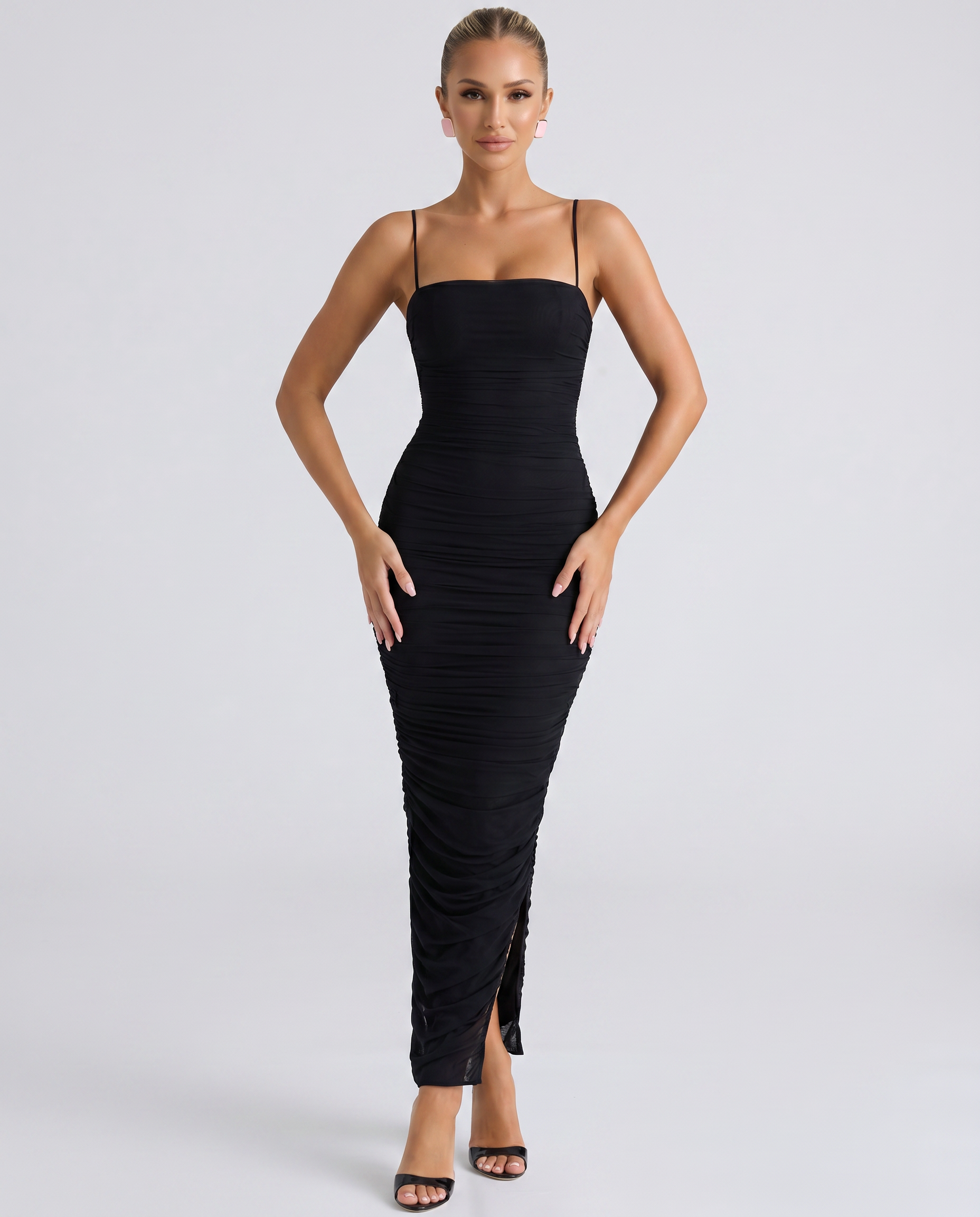 gathered mesh dress Women's Gathered Mesh Maxi Dress Ruched Strappy Adele