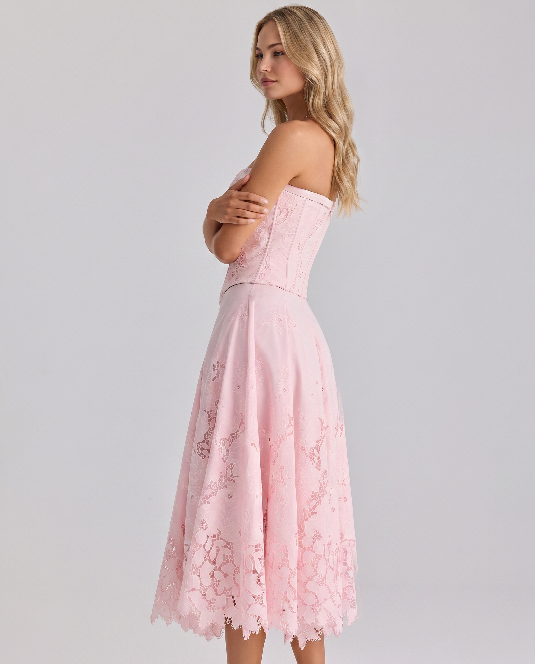 Brigitte | Strapless Midi Dress with Lace Skirt