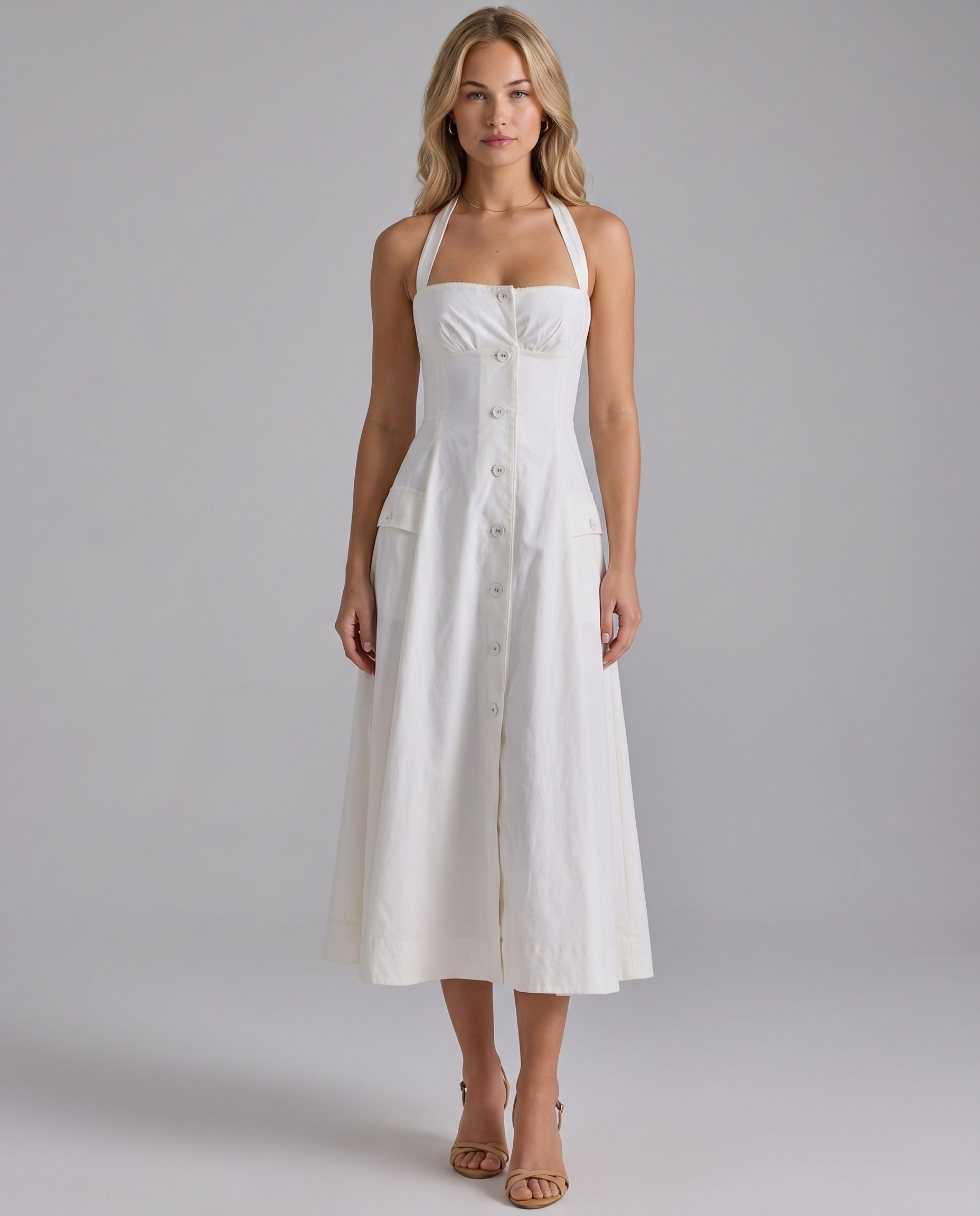 Women's Cotton Halter Neck Midi Dress Button Front Loretta