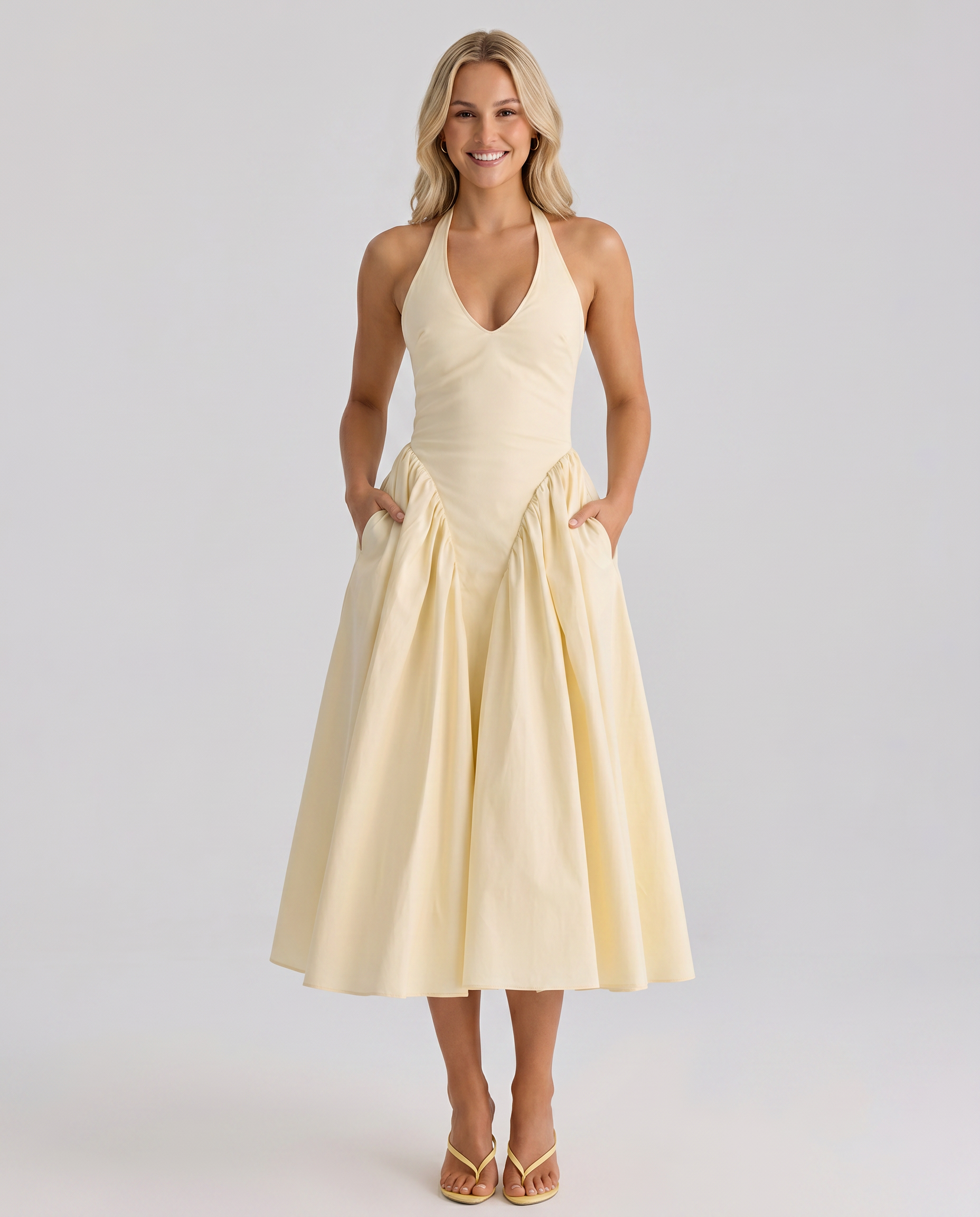 Women's Cotton Halter Neck Midi Dress Sleeveless Danika