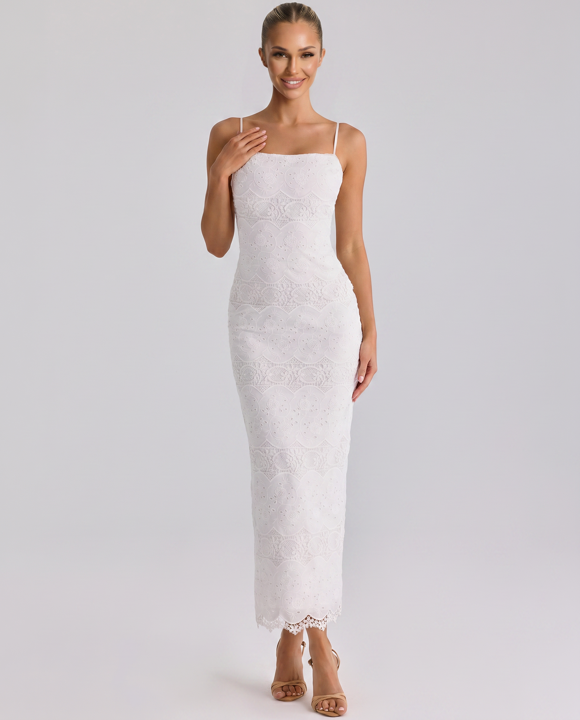 Women's Lace Midi Dress Fitted Spaghetti Strap Kassandra