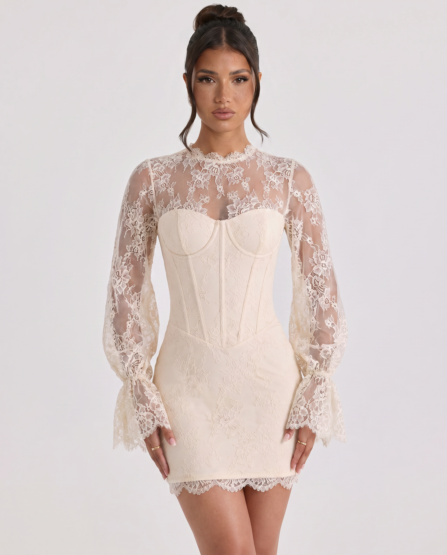 Women's Lace Mini Corset Dress Long Sleeve Fitted Olga