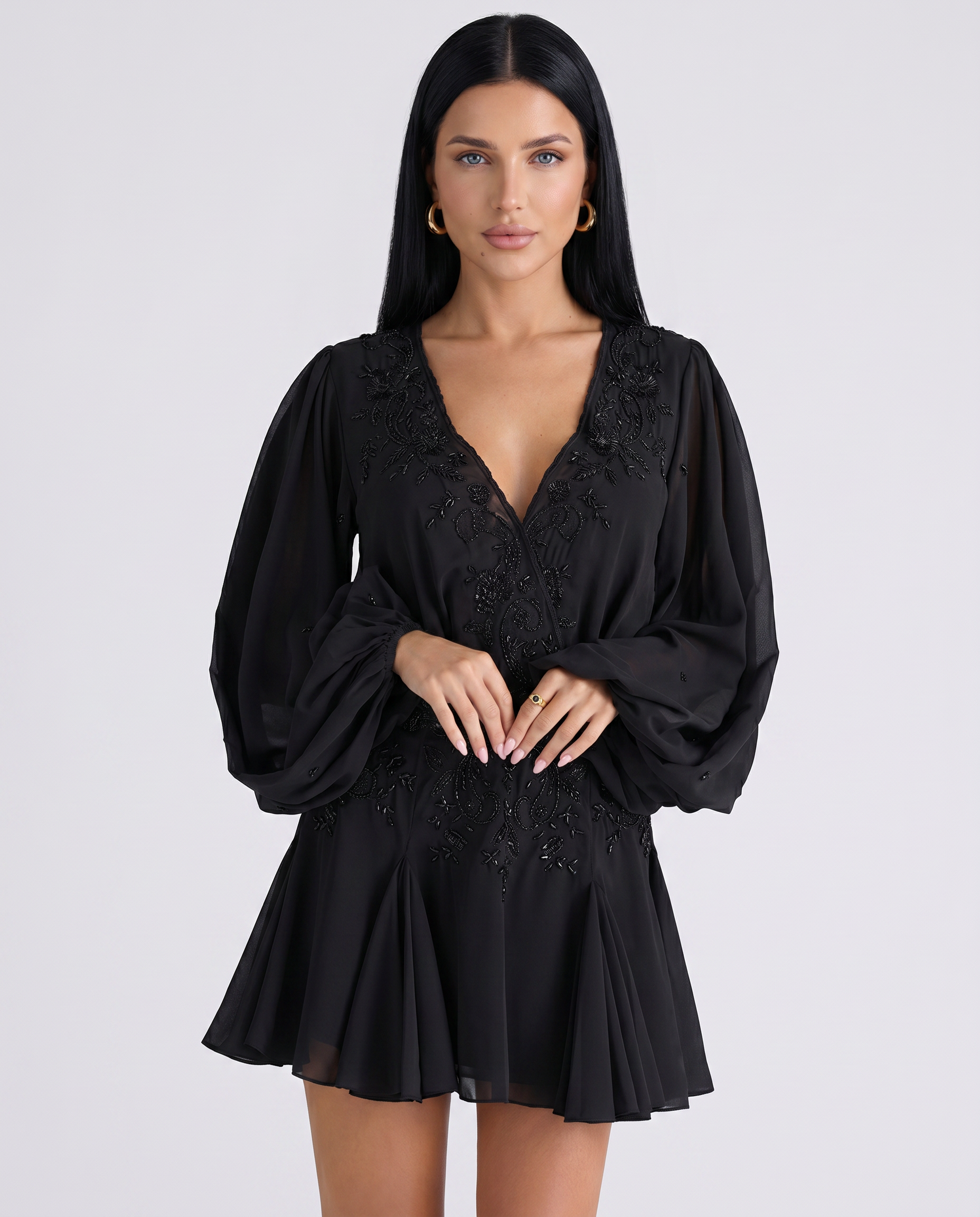 Celia | Beaded Mini Dress with Sheer Sleeves