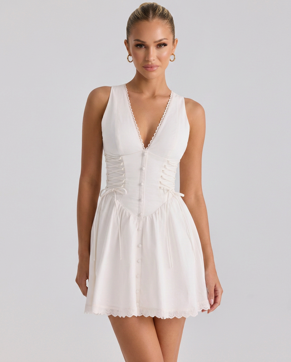 Women's Lace Up Mini Dress V Neck Sleeveless Velma