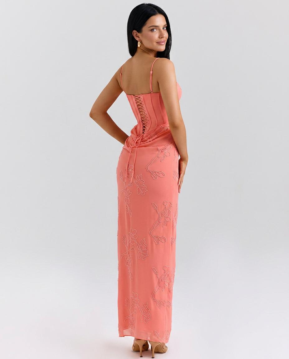Luisa | Lace-Up Maxi Dress with Beaded Embellishment