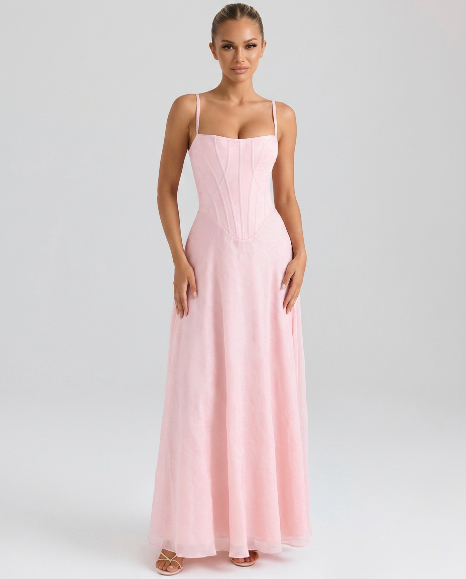 Reva | Maxi Dress in Lurex Chiffon with Corset Bodice