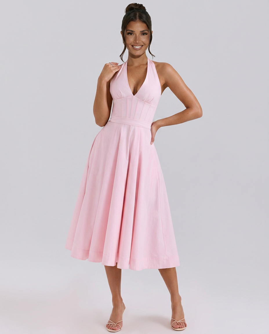 Women's Cotton Halter Midi Dress Fit Flare Leann Women's Cotton Halter Midi Dress Fit Flare Leann