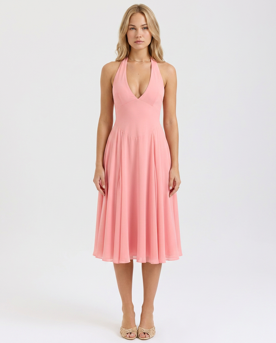 Women's Halter Midi Dress Flowy Sleeveless Georgette Glenda
