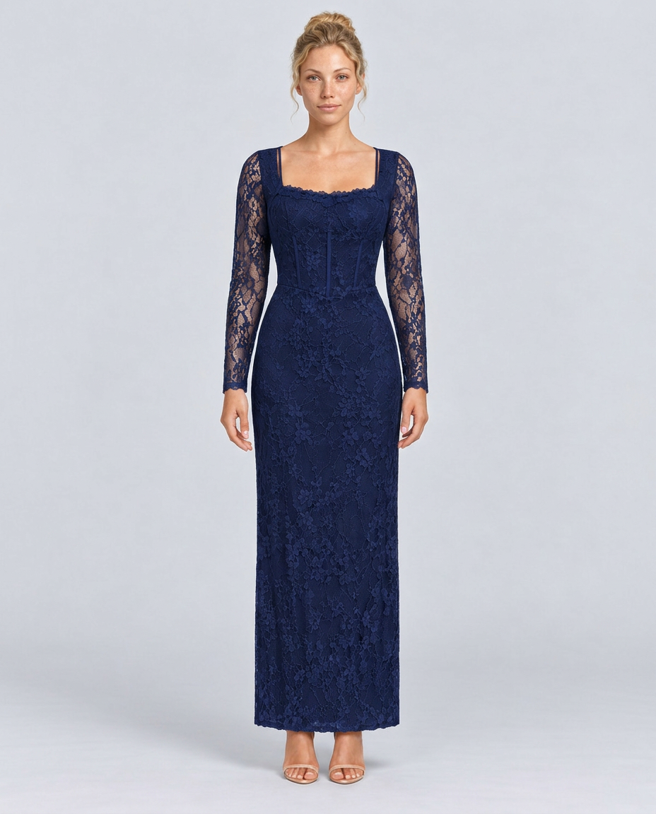 Trudy | Satin-Look Lace-Up Corset Maxi Dress with Lace Sleeves
